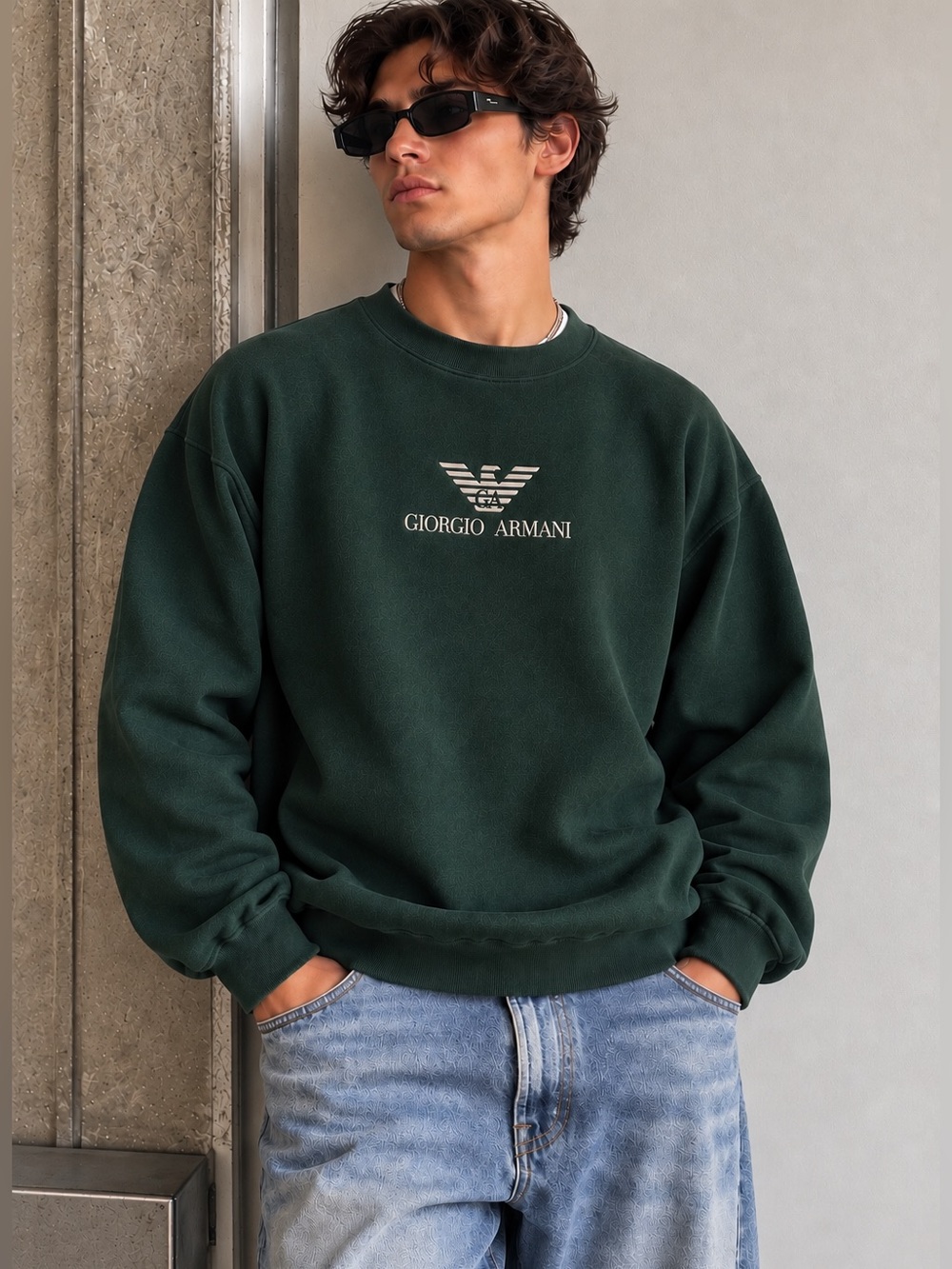 Vintage Giorgio Armani Green Logo Crewneck Sweatshirt Men’s L Y2K